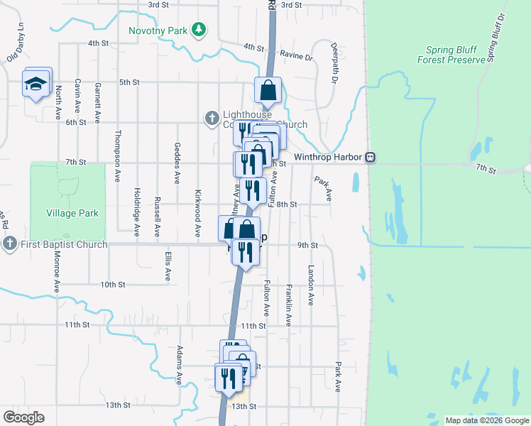 map of restaurants, bars, coffee shops, grocery stores, and more near 806 Fulton Avenue in Winthrop Harbor