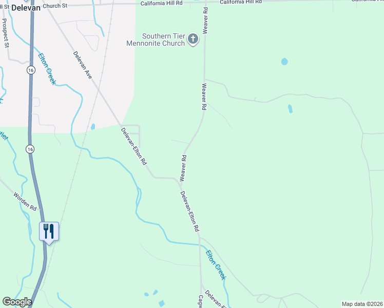 map of restaurants, bars, coffee shops, grocery stores, and more near 11048 Weaver Road in Delevan