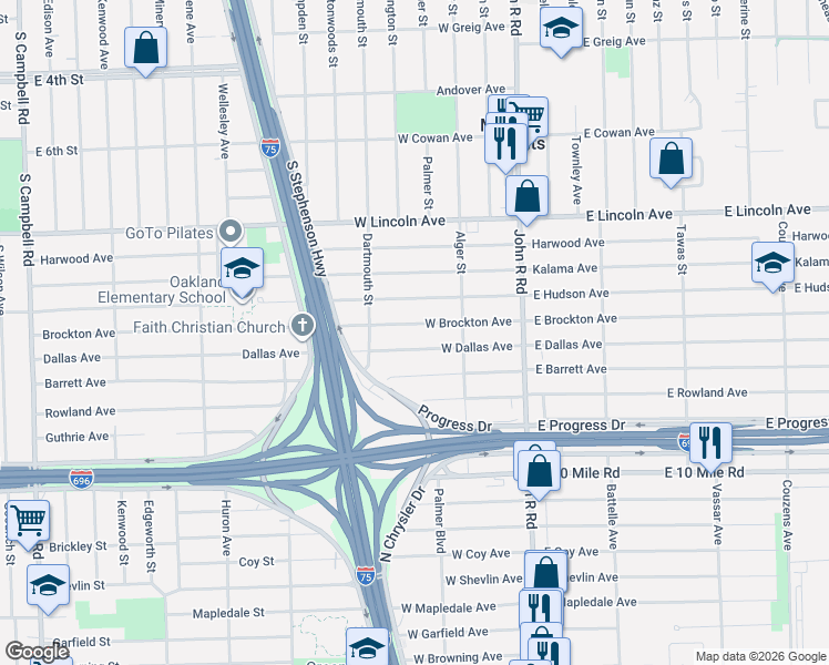 map of restaurants, bars, coffee shops, grocery stores, and more near 390 West Dallas Avenue in Madison Heights