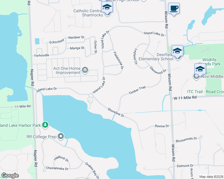 map of restaurants, bars, coffee shops, grocery stores, and more near 49720 Timber Trail in Novi