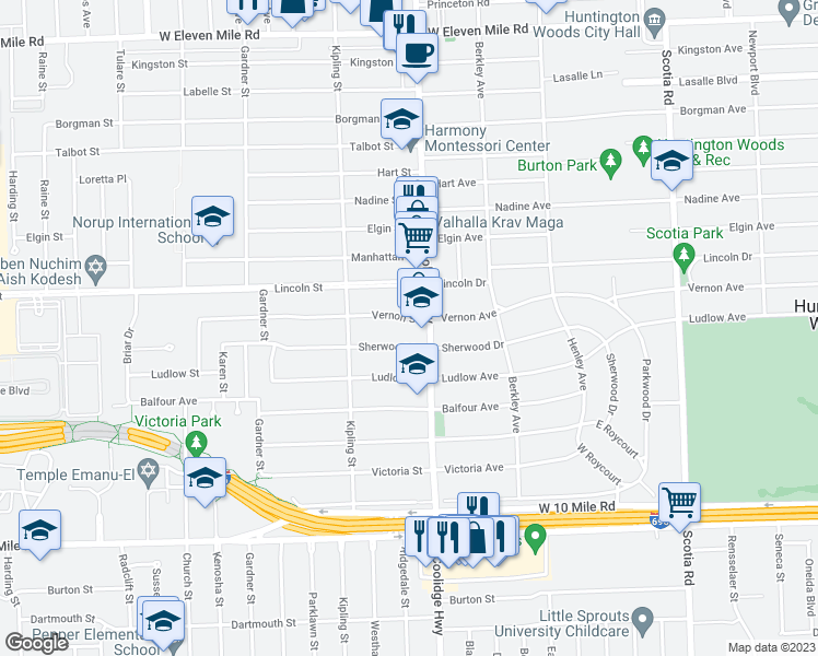 map of restaurants, bars, coffee shops, grocery stores, and more near 13621 Vernon Street in Oak Park