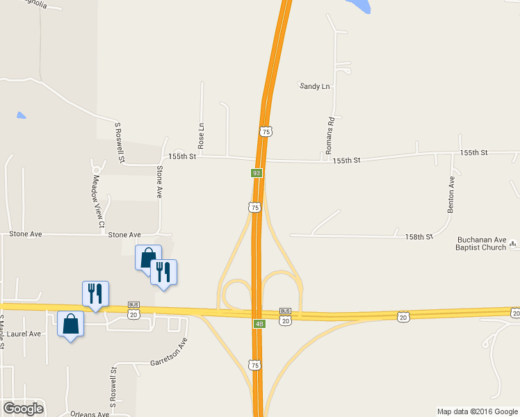 map of restaurants, bars, coffee shops, grocery stores, and more near U.S. 75 in Sioux City