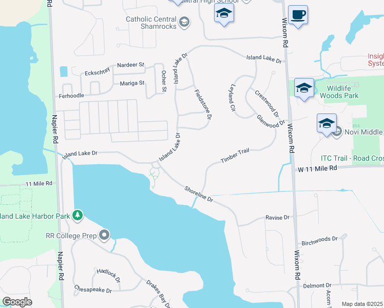 map of restaurants, bars, coffee shops, grocery stores, and more near 49720 Timber Trail in Novi