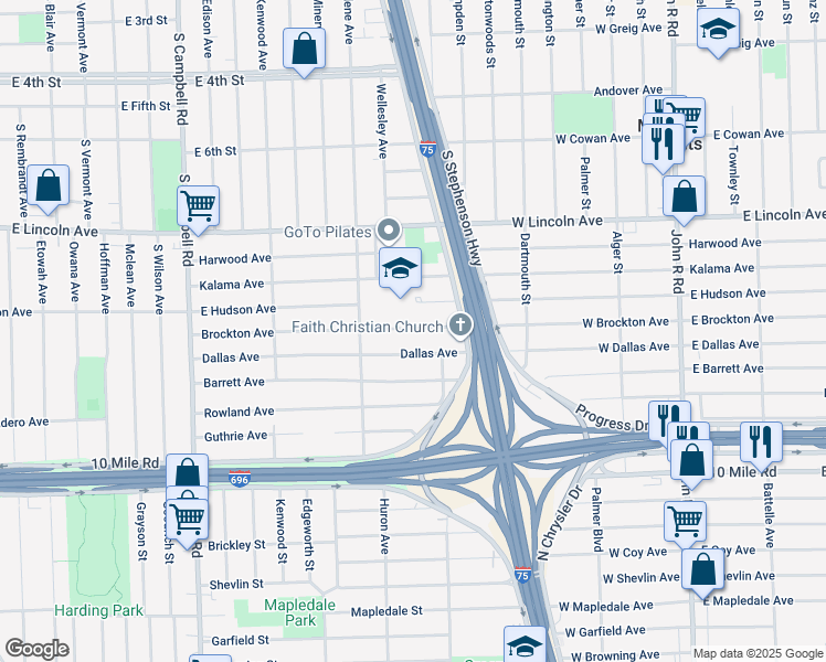 map of restaurants, bars, coffee shops, grocery stores, and more near 2440 Brockton Avenue in Royal Oak