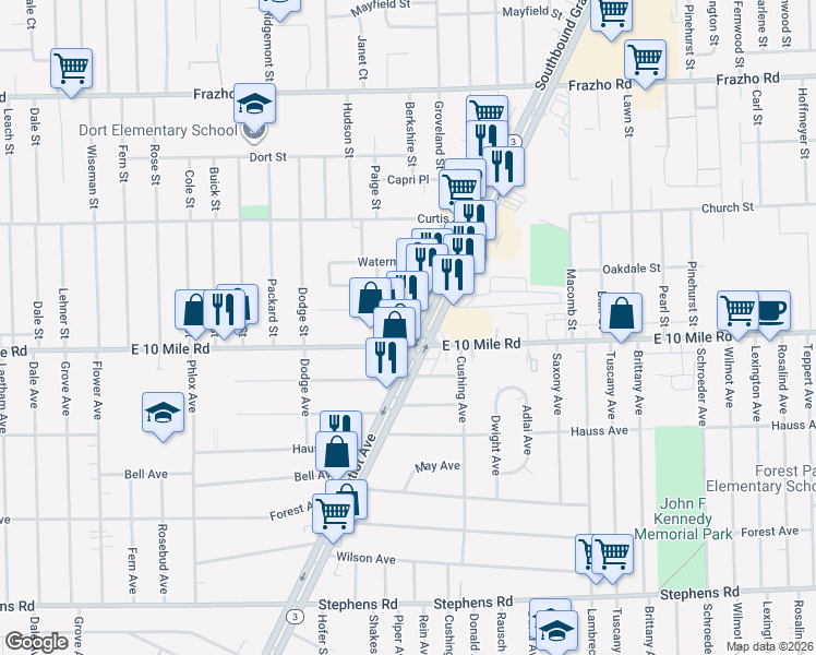 map of restaurants, bars, coffee shops, grocery stores, and more near 16583 East 10 Mile Road in Eastpointe