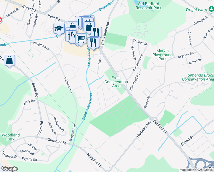 map of restaurants, bars, coffee shops, grocery stores, and more near 36 Pine Street in Bedford