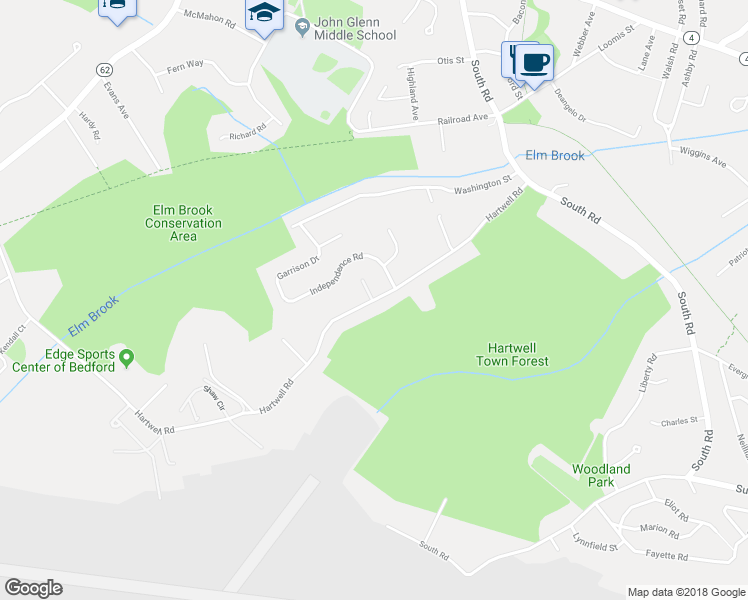 map of restaurants, bars, coffee shops, grocery stores, and more near 99 Hartwell Road in Bedford