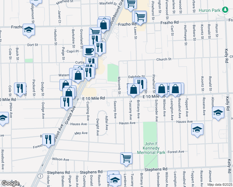 map of restaurants, bars, coffee shops, grocery stores, and more near 17425 East 10 Mile Road in Eastpointe