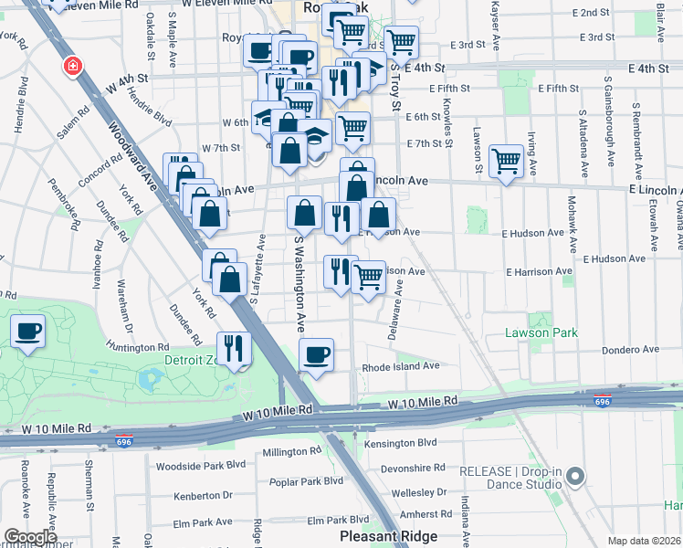 map of restaurants, bars, coffee shops, grocery stores, and more near 202 West Parent Avenue in Royal Oak
