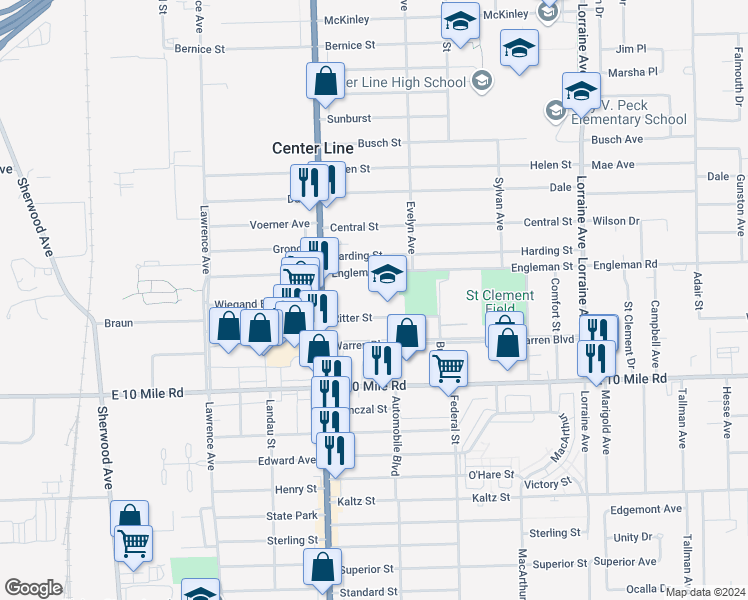 map of restaurants, bars, coffee shops, grocery stores, and more near in Center Line