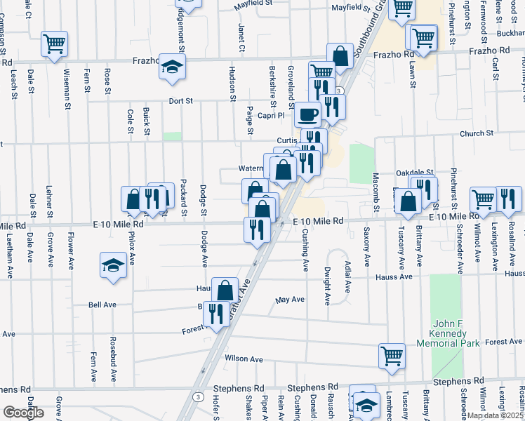 map of restaurants, bars, coffee shops, grocery stores, and more near 16583 East 10 Mile Road in Eastpointe