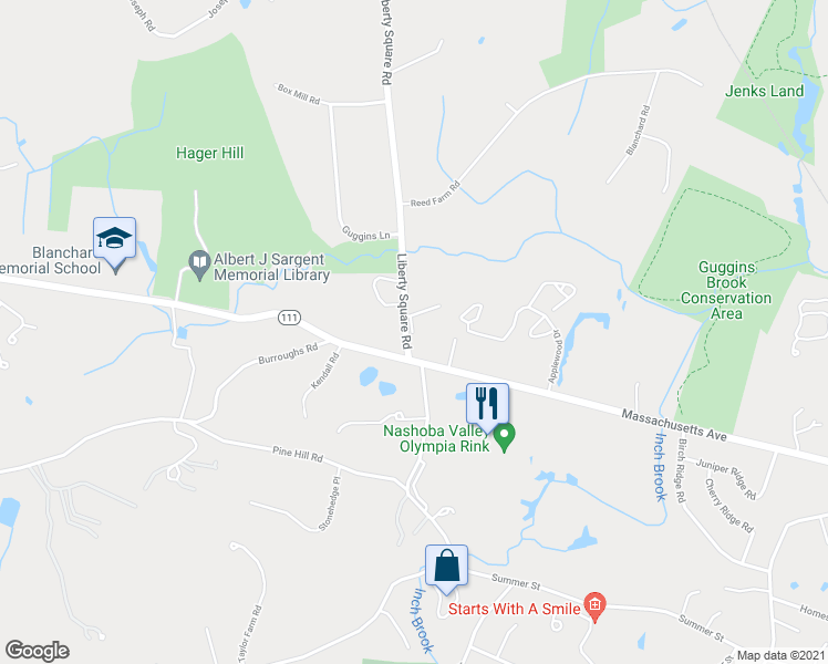 map of restaurants, bars, coffee shops, grocery stores, and more near 27 Liberty Square Road in Boxborough
