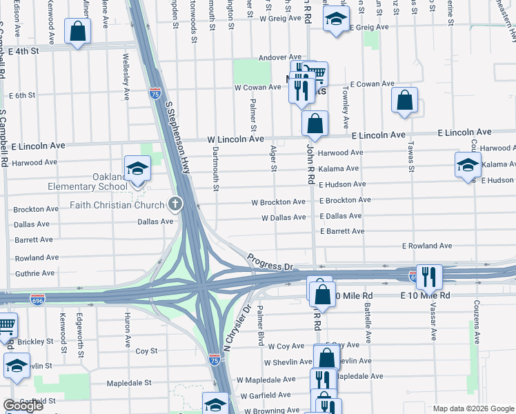 map of restaurants, bars, coffee shops, grocery stores, and more near 390 West Dallas Avenue in Madison Heights