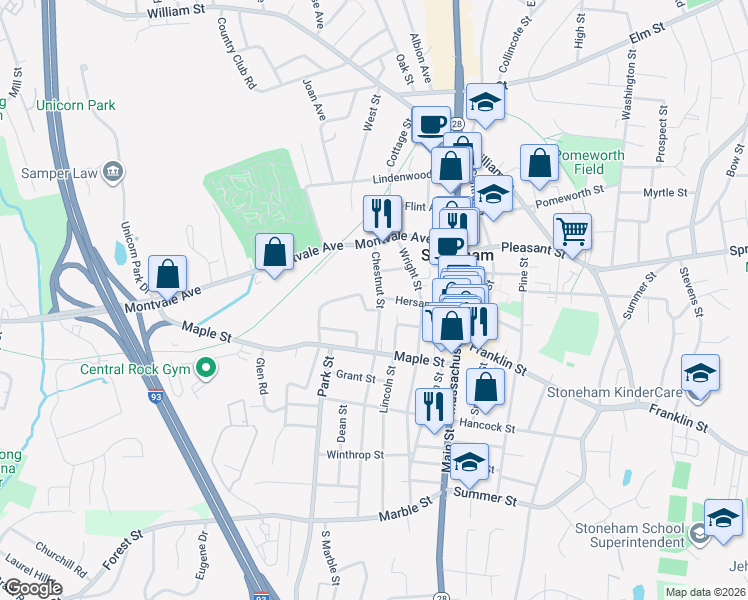 map of restaurants, bars, coffee shops, grocery stores, and more near 1 Cedar Avenue in Stoneham