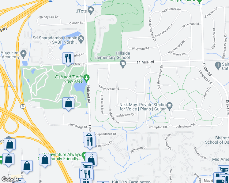 map of restaurants, bars, coffee shops, grocery stores, and more near 36875 Chesapeake Road in Farmington Hills