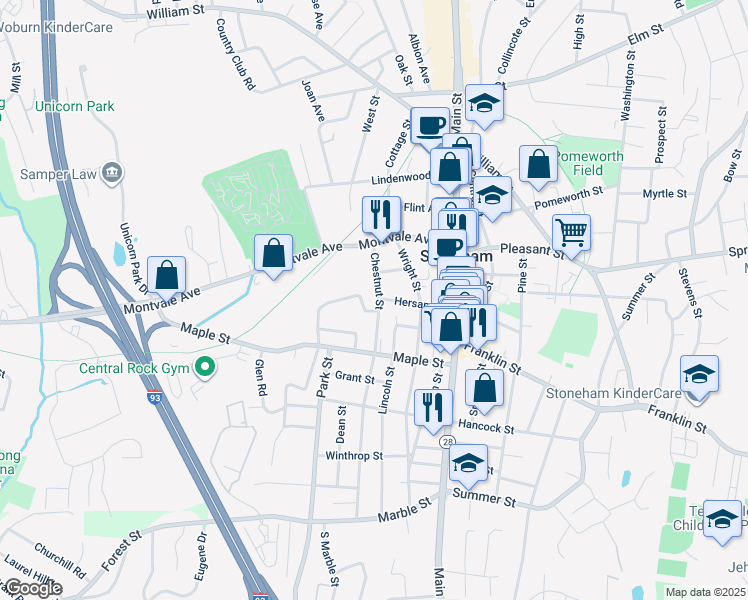 map of restaurants, bars, coffee shops, grocery stores, and more near 1 Cedar Avenue in Stoneham