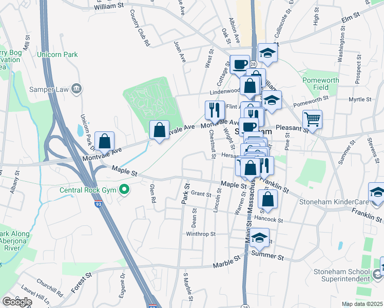 map of restaurants, bars, coffee shops, grocery stores, and more near Cedar Avenue in Stoneham