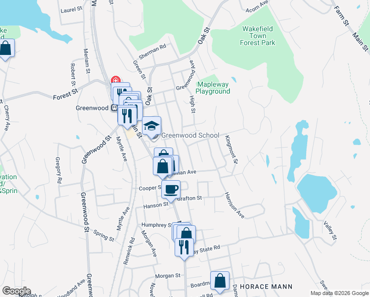 map of restaurants, bars, coffee shops, grocery stores, and more near 51 Pine Street in Wakefield