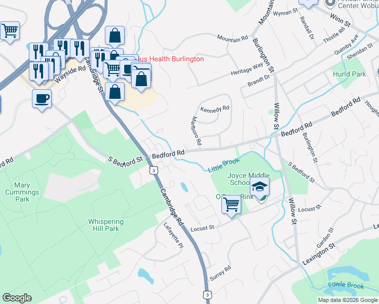 map of restaurants, bars, coffee shops, grocery stores, and more near 470 Wildwood Avenue in Woburn