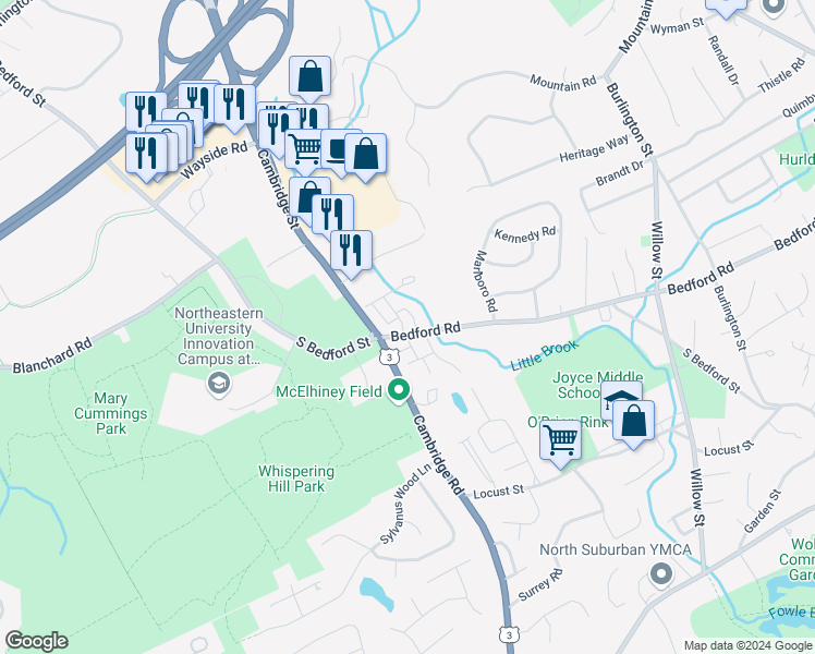map of restaurants, bars, coffee shops, grocery stores, and more near 68 Hammond Place in Woburn