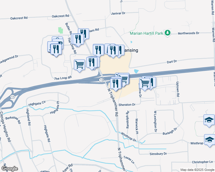 map of restaurants, bars, coffee shops, grocery stores, and more near 2250 North Triphammer Road in Ithaca