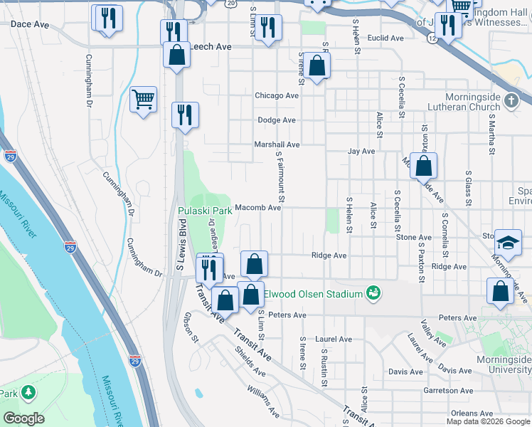 map of restaurants, bars, coffee shops, grocery stores, and more near 1112 South Linn Street in Sioux City