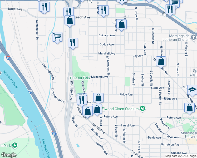 map of restaurants, bars, coffee shops, grocery stores, and more near 2530 Macomb Avenue in Sioux City