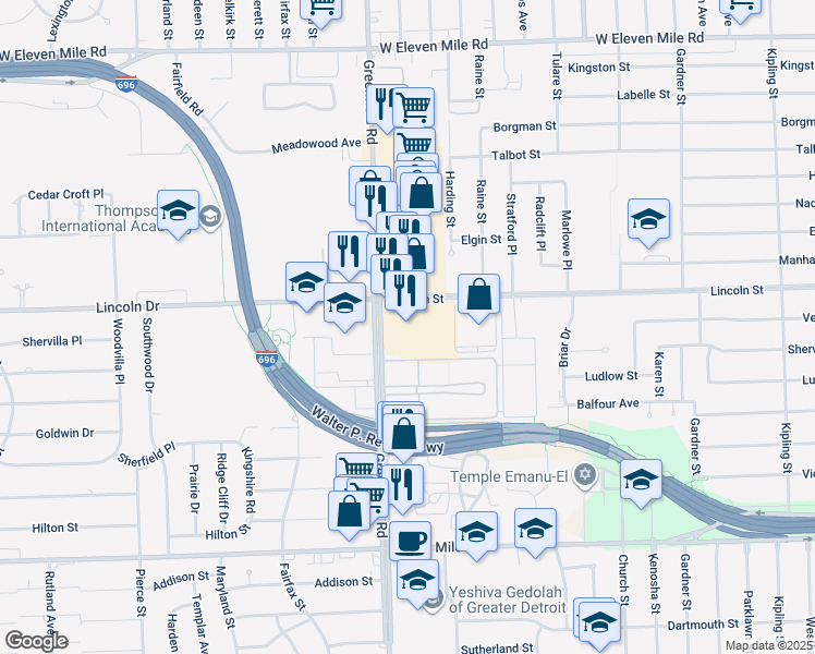 map of restaurants, bars, coffee shops, grocery stores, and more near 25900 Greenfield Road in Oak Park