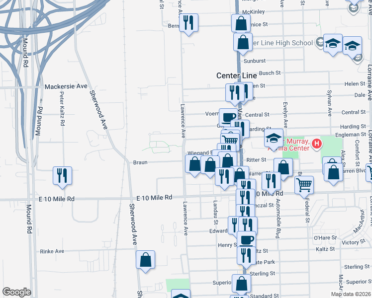 map of restaurants, bars, coffee shops, grocery stores, and more near 6935 Braun in Center Line