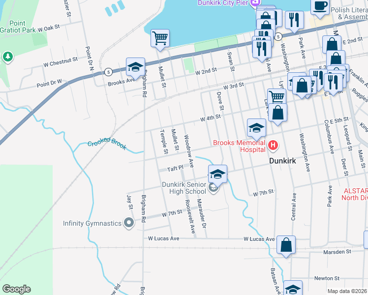 map of restaurants, bars, coffee shops, grocery stores, and more near 501 Woodrow Avenue in Dunkirk