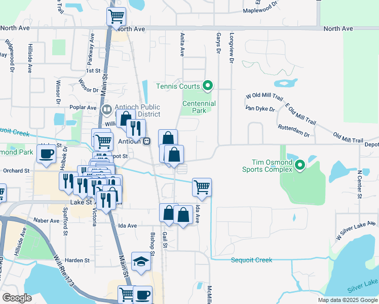 map of restaurants, bars, coffee shops, grocery stores, and more near 23340 Depot Street in Antioch