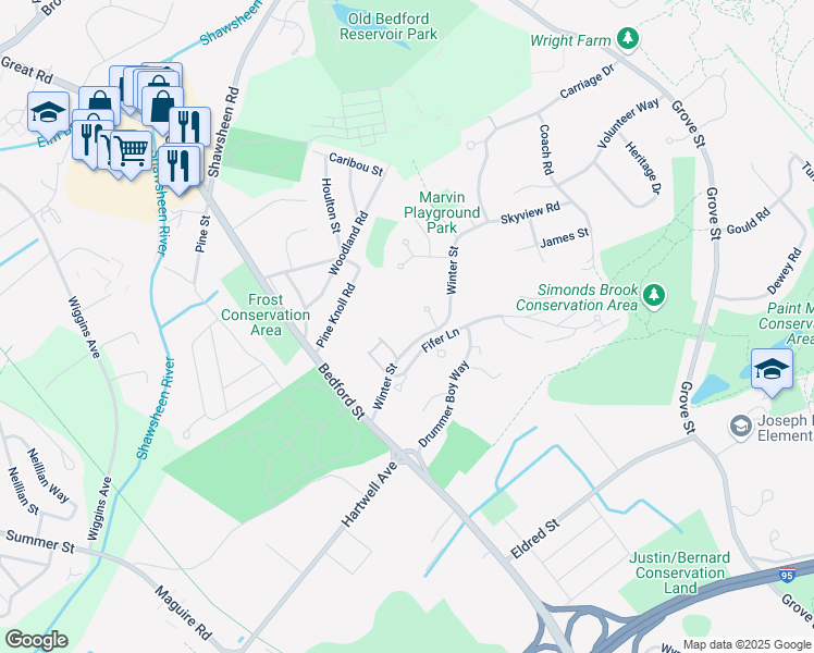 map of restaurants, bars, coffee shops, grocery stores, and more near 44 Winter Street in Lexington