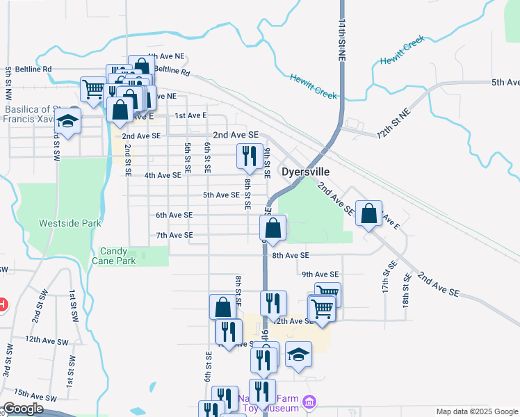 map of restaurants, bars, coffee shops, grocery stores, and more near 815 6th Ave SE in Dyersville