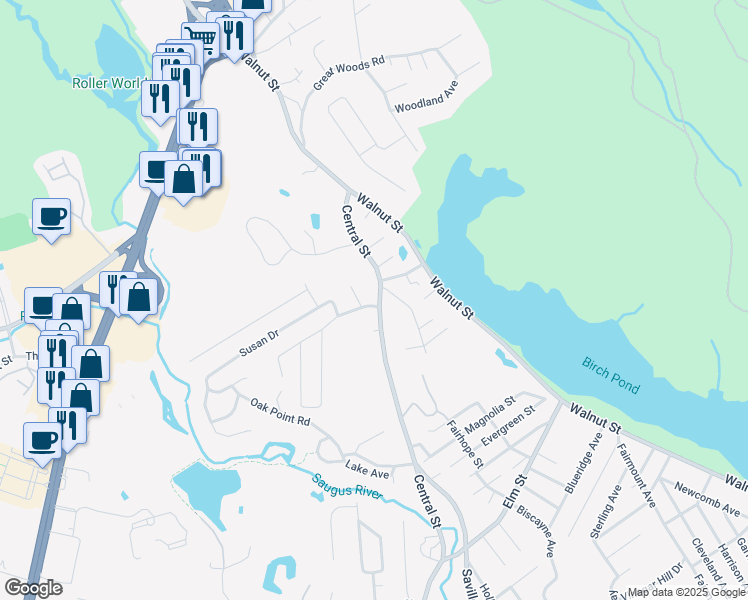 map of restaurants, bars, coffee shops, grocery stores, and more near 63 1/2 Central Street in Saugus