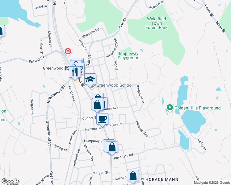 map of restaurants, bars, coffee shops, grocery stores, and more near 51 Pine Street in Wakefield