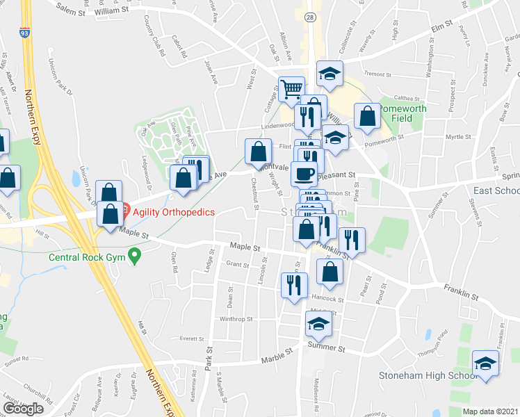 map of restaurants, bars, coffee shops, grocery stores, and more near 24 Hersam Street in Stoneham