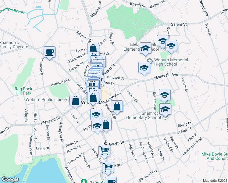 map of restaurants, bars, coffee shops, grocery stores, and more near 47 Montvale Avenue in Woburn