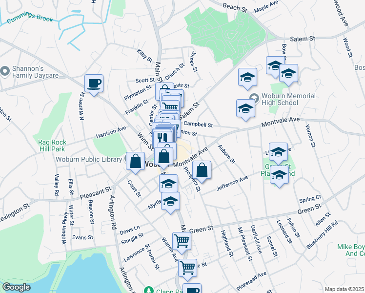 map of restaurants, bars, coffee shops, grocery stores, and more near 42 Walnut Street in Woburn