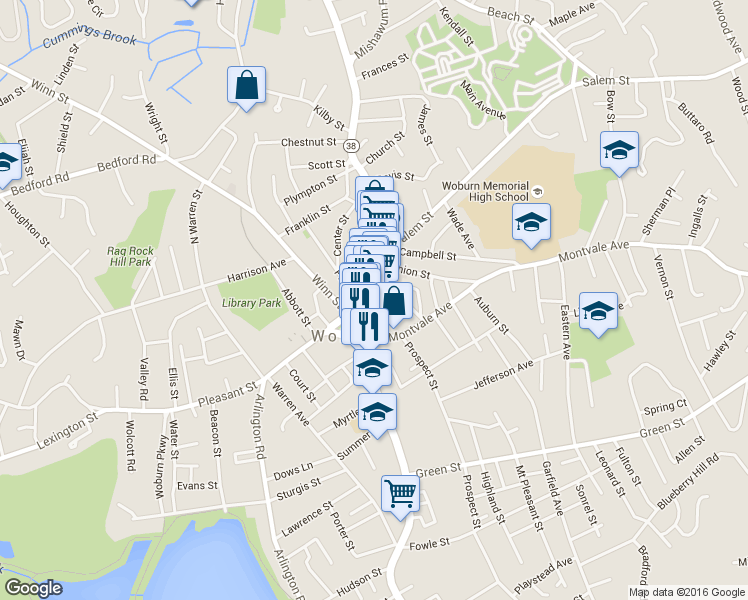 map of restaurants, bars, coffee shops, grocery stores, and more near 415 Main Street in Woburn