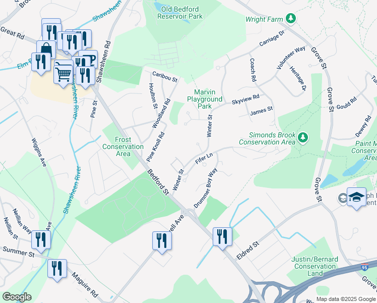 map of restaurants, bars, coffee shops, grocery stores, and more near 44 Winter Street in Lexington