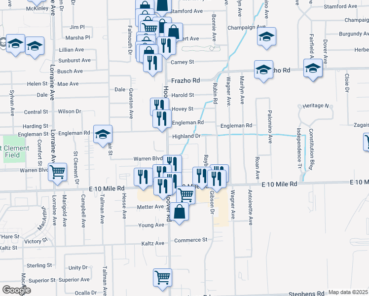 map of restaurants, bars, coffee shops, grocery stores, and more near 25108 Hoover Road in Warren