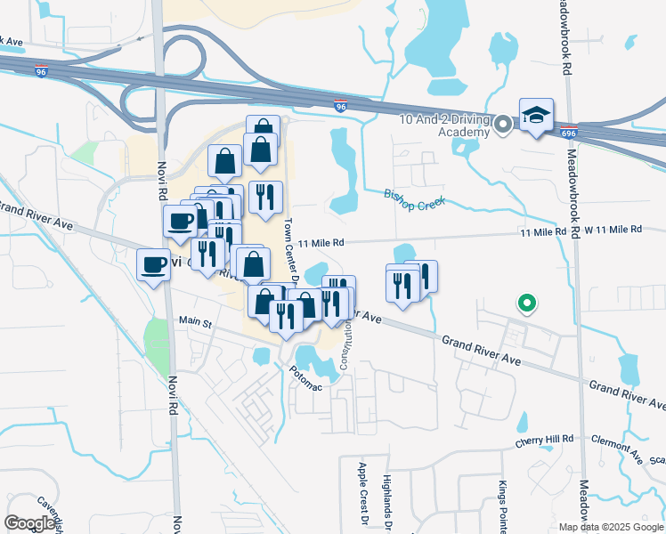 map of restaurants, bars, coffee shops, grocery stores, and more near 42750 Grand River Ave in Novi