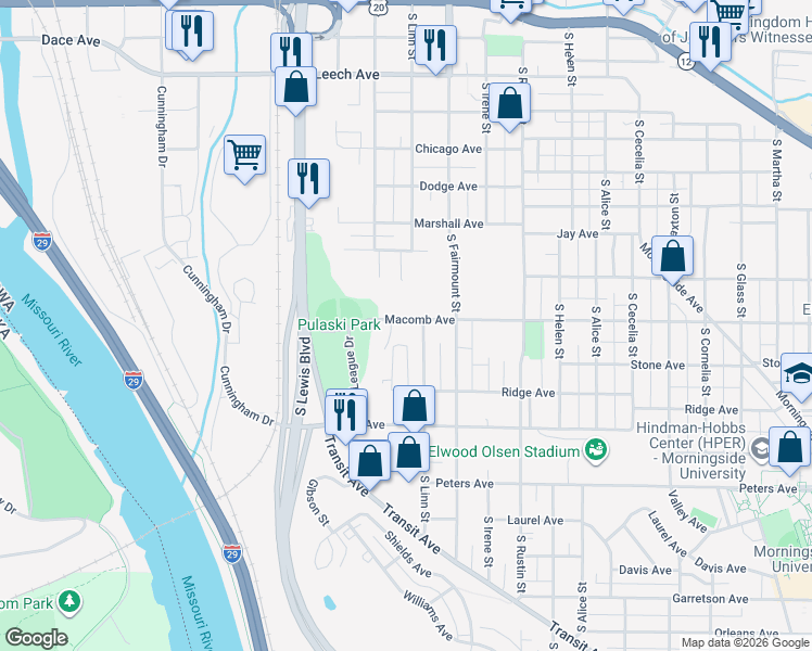 map of restaurants, bars, coffee shops, grocery stores, and more near 2530 Macomb Avenue in Sioux City