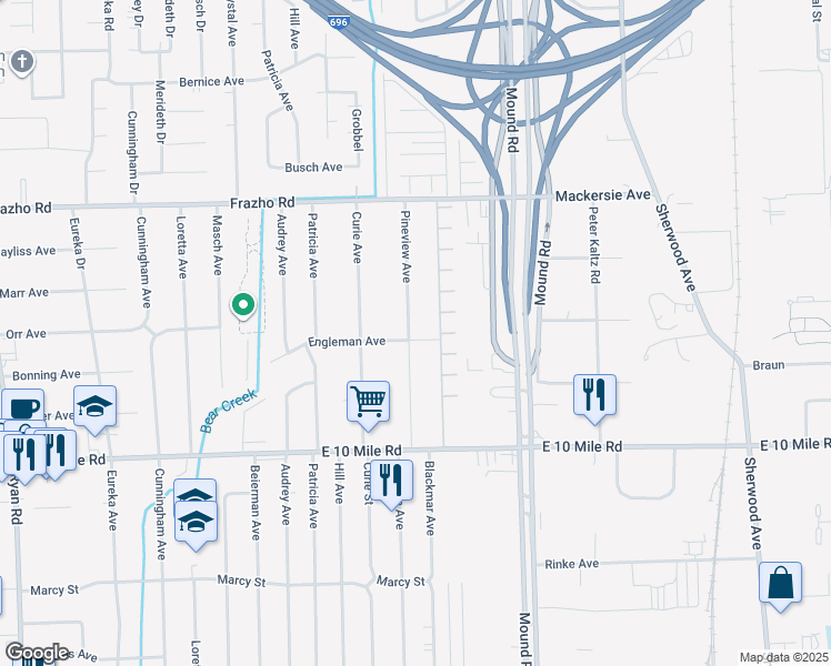 map of restaurants, bars, coffee shops, grocery stores, and more near 25351 Joanne Smith Drive in Warren