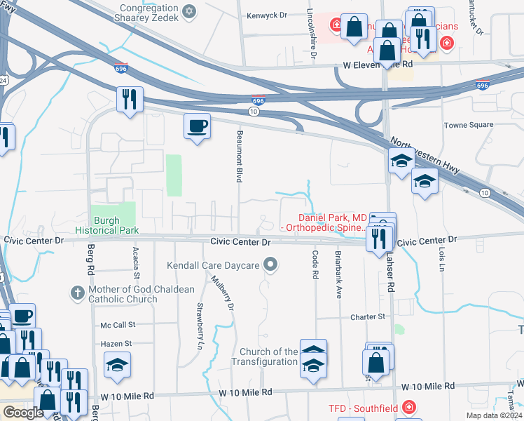 map of restaurants, bars, coffee shops, grocery stores, and more near 22800 Civic Center Drive in Southfield