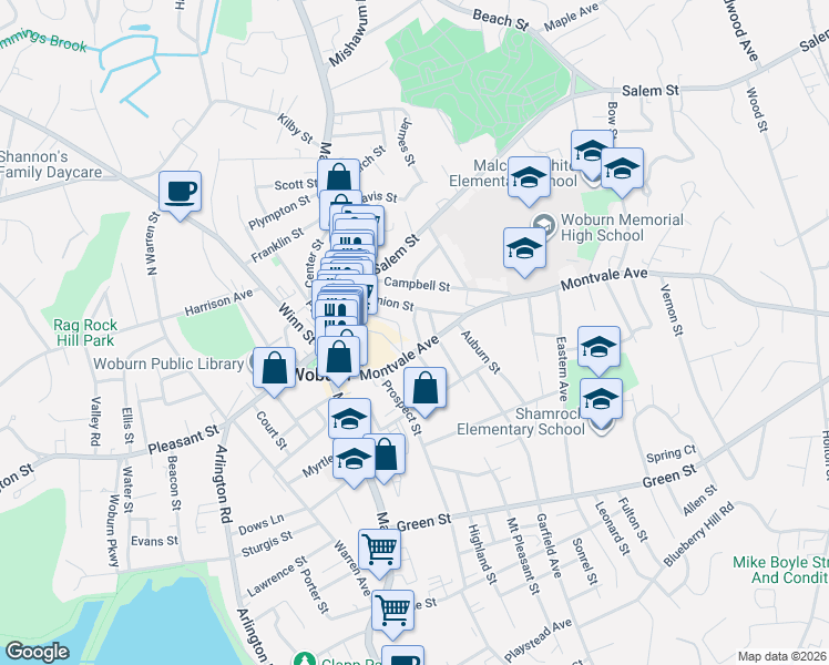 map of restaurants, bars, coffee shops, grocery stores, and more near 47 Montvale Avenue in Woburn