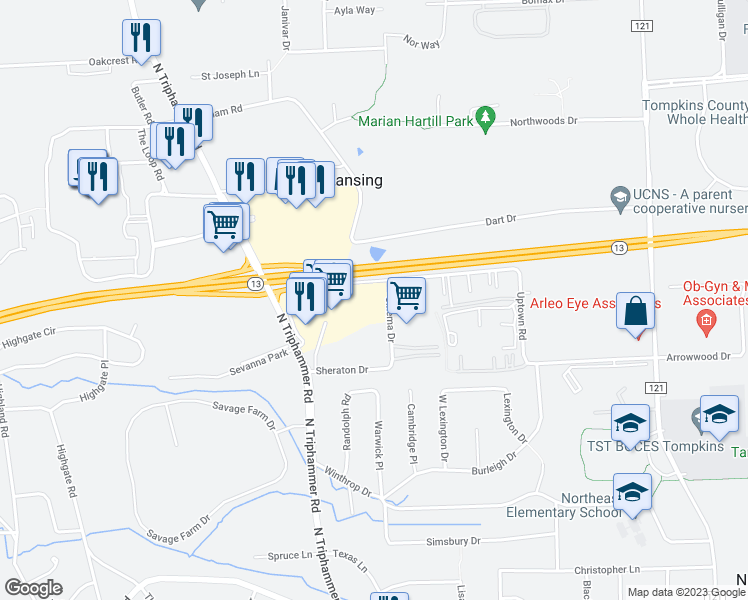 map of restaurants, bars, coffee shops, grocery stores, and more near 36 Cinema Drive in Ithaca