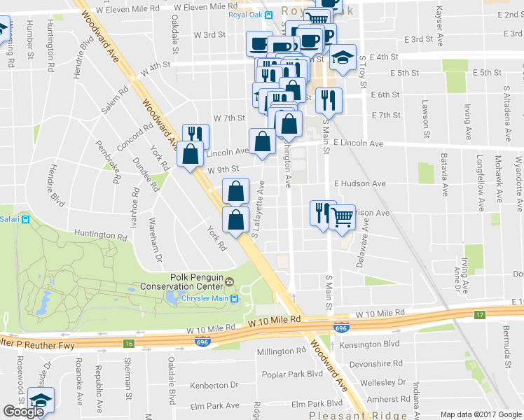 map of restaurants, bars, coffee shops, grocery stores, and more near 343 West Harrison Avenue in Royal Oak