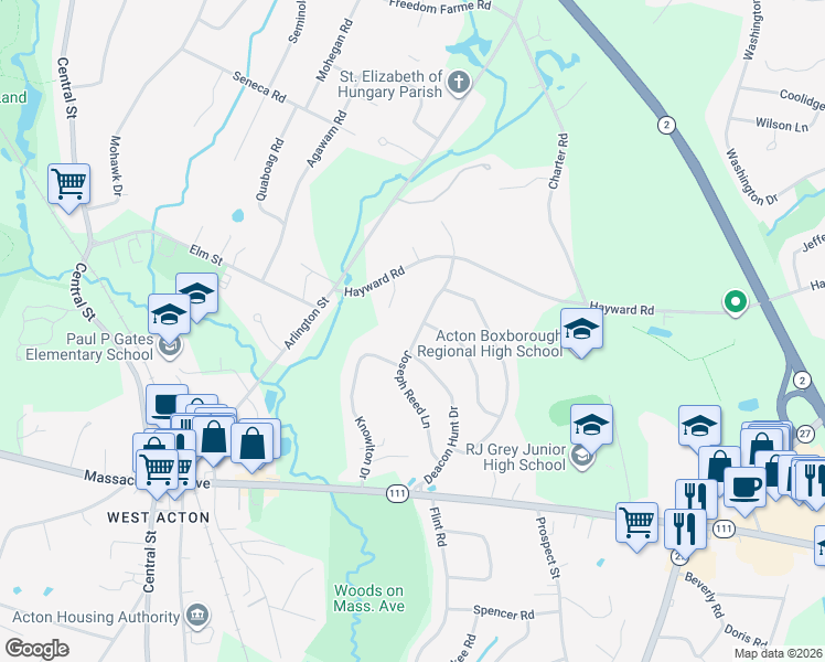map of restaurants, bars, coffee shops, grocery stores, and more near 23 Deacon Hunt Drive in Acton