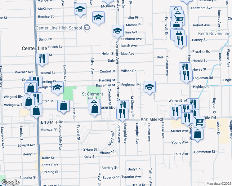 map of restaurants, bars, coffee shops, grocery stores, and more near 25153 Lorraine Avenue in Center Line